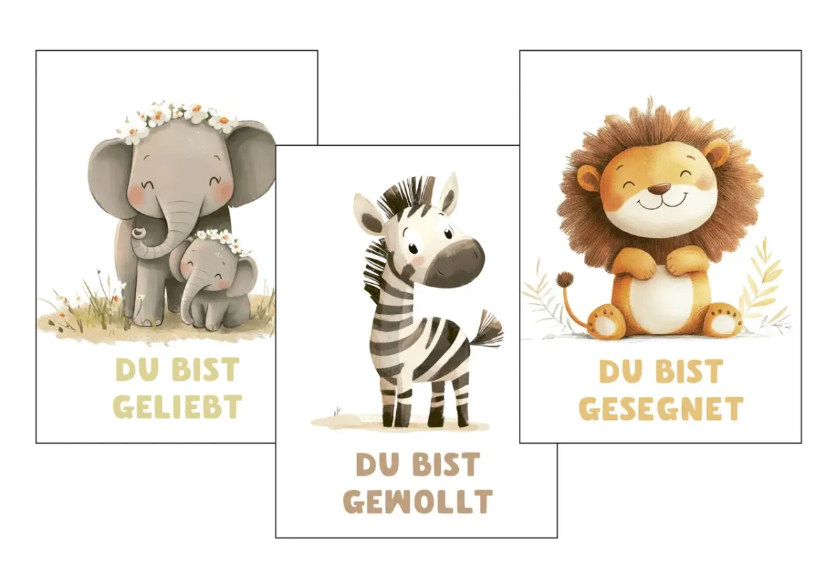 Poster 3er Set Kindermotive A4 - Elefant, Zebra & Löwe