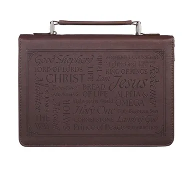 Pochette Bible, taille M, Names of Jesus, similicuir brun - Noms de Jésus en anglais