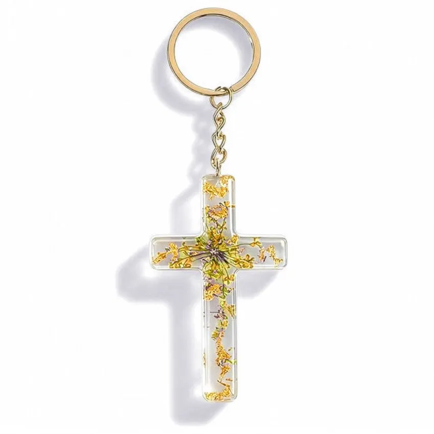 Porte-clé croix avec inclusions de fleurs - jaune