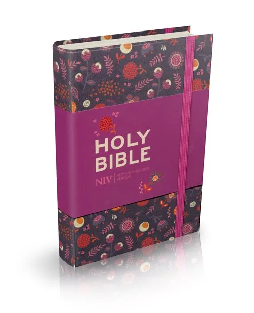 Anglais, Bible, NIV, toile imprimée fleurie sur fond violet, bande élastique