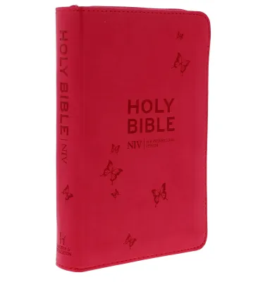 Anglais, Bible, NIV, poche, souple, rose, fermeture éclair, tranche argent