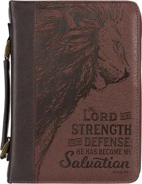 Pochette Bible, taille M, « The Lord is my strength », similicuir brun, poignée