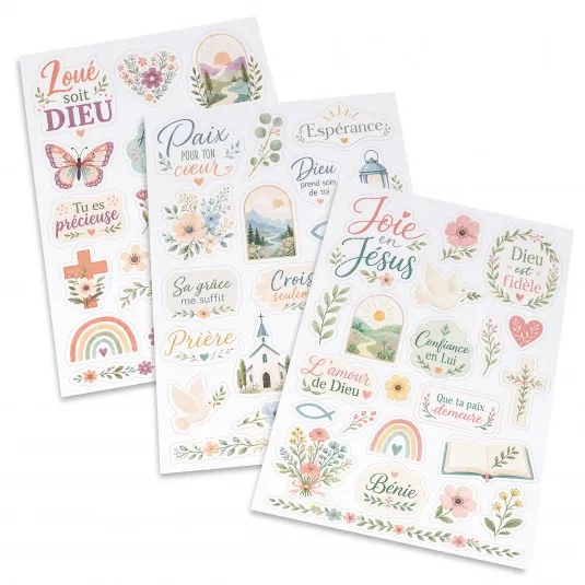 Lot de 3 planches d'autocollants - motifs chrétiens