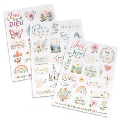Lot de 3 planches d'autocollants - motifs chrétiens