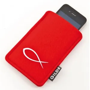 FOURRE TELEPHONE FEUTRINE ROUGE VIF AVEC ICHTHUS