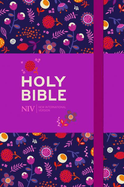 Anglais, Bible, New International Version, NIV, toile imprimée fleurie sur fond violet, bande...