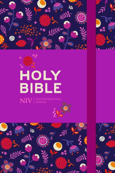 Anglais, Bible NIV, toile imprimée fleurie sur fond violet, bande élastique