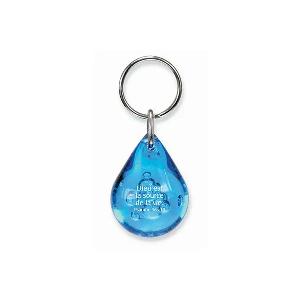 Porte-clés goutte d'eau "Dieu est la source la vie" Ps 36.10 - bleu ou transparent