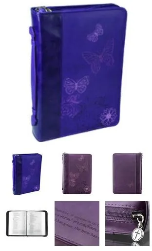 Pochette bible, Taille L, "Therefore [...]" 2 cor 5.17 papillons, Violet- Similicuir