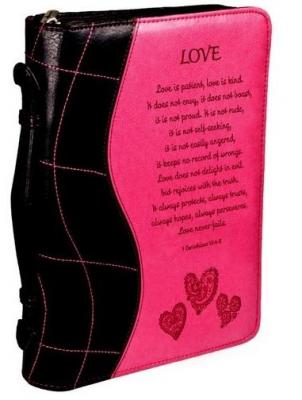 Pochette Bible, taille M, "Love" 1 Corinthiens 13, similicuir brun/rose