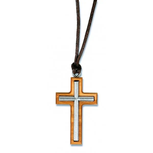 COLLIER FIL 70CM CROIX BOIS OLIVIER/ARGENTE 4X2.5CM