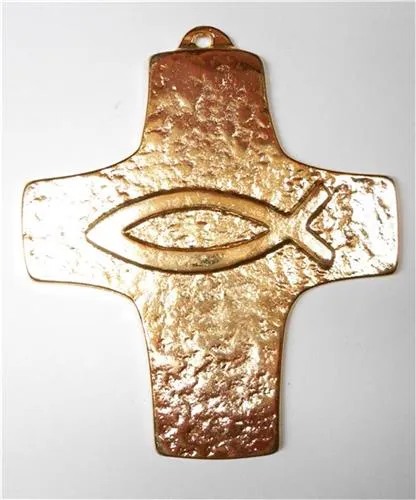 CROIX MURALE BRONZE AVEC ICHTUS