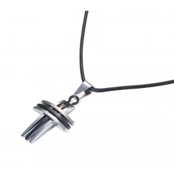 PENDENTIF CROIX 3 BANDES ARGENTÉES ET NOIRES, CORDON CUIR 50CM