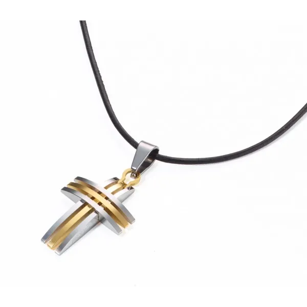 Pendentif Croix 3 bandes argentées et dorées, cordon cuir 50cm