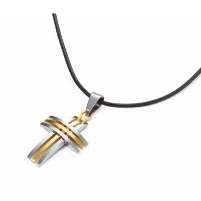 Pendentif Croix 3 bandes argentées et dorées, cordon cuir 50cm