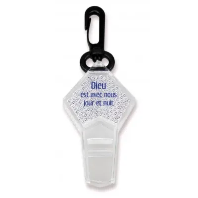 SIFFLET RÉFLECTEUR TRANSPARENT AVEC ATTACHE - Dieu est avec nous jour et nuit