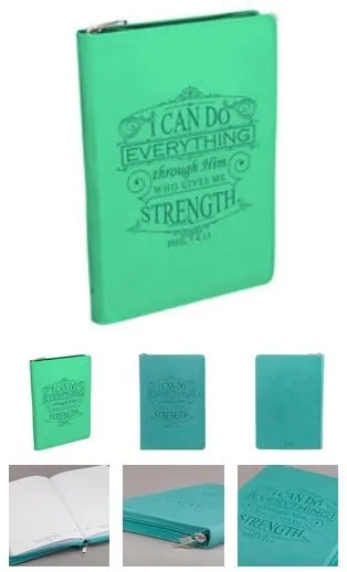 JOURNAL RELIE CUIR TURQUOISE "I CAN DO EVERYTHING", AVEC FERMETURE ECLAIR