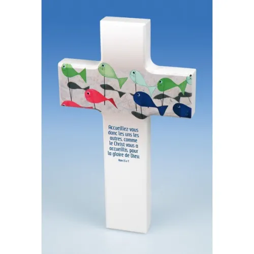 Croix et bois avec motifs poissons "Romains 15.7"