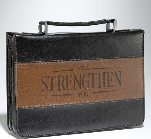 Pochette Bible, Taille L, "I will strenghten you" Façon cuir Noir/Brun