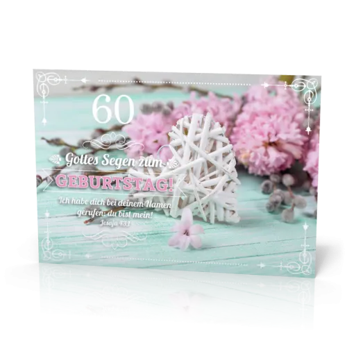 Doppelkarte Geburtstag 60 Weisses Herz Rosa Blumen