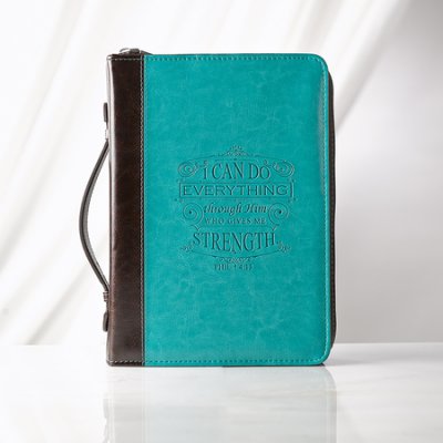Pochette Bible, taille L, "I can do everything […] ", similicuir brun/turquoise, poignée