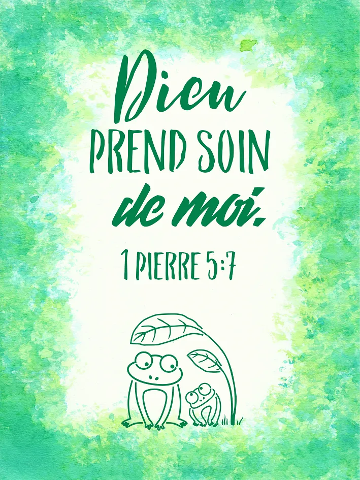 Tableau aquarelle enfant "Dieu prend soin de moi" 1 Pierre 5 - 20 x 30 cm