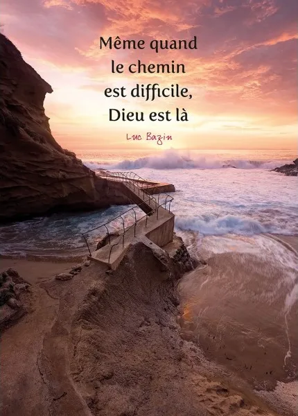 Poster "Même quand le chemin est difficile" - Pont sur une plache au coucher de soleil 30 x 42 cm