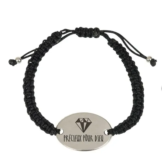 Bracelet tressé noir, médaillon métal « Précieux pour Dieu »