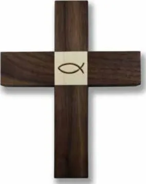 CROIX EN BOIS FONCÉ AVEC ICHTHUS EN SON CENTRE 13X16 CM