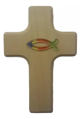 Croix murale en bois avec ichtus en verre