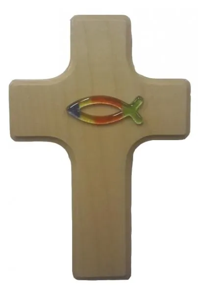 Croix murale en bois avec ichtus en verre