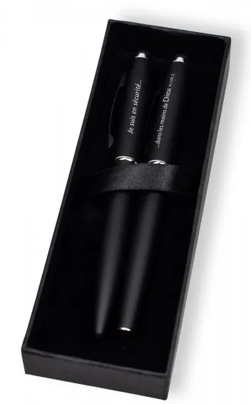 Set d'écriture stylo bille + roller métal avec le texte "Je suis en sécurité… dans les mains de...