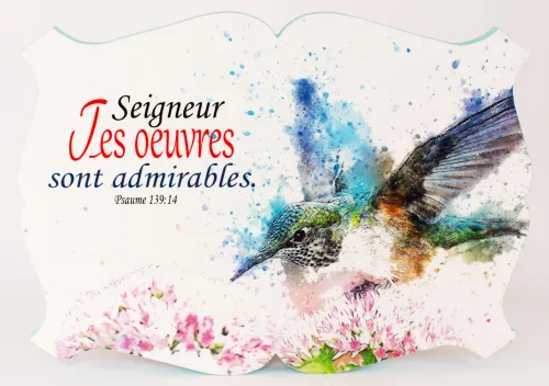 Cadre bois « Seigneur tes œuvres […] » Psaume 139.14 - écusson horizontal