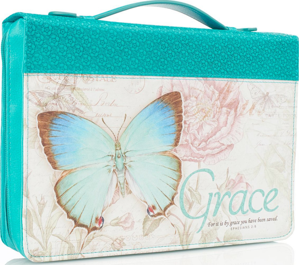 Liseuse simili,"Grace" - turquoise avec papillon, moyen format