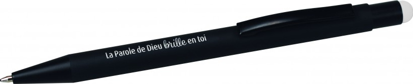Stylo métal "Titus" noir avec le texte "La Parole de Dieu brille en toi"