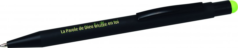 Stylo métal "Titus" noir avec le texte "La Parole de Dieu brille en toi"