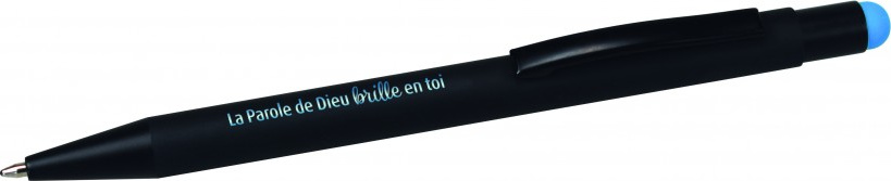 Stylo métal "Titus" noir avec le texte "La Parole de Dieu brille en toi"