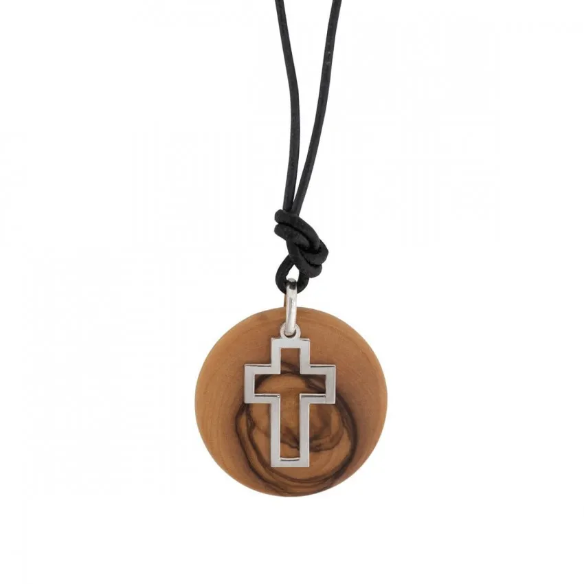 Collier avec pendentif en bois d'olivier et croix en argent