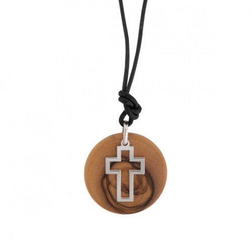 Collier avec pendentif en bois d'olivier et croix en argent