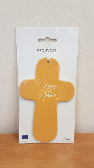 Croix jaune en bois "Jésus est Amour"