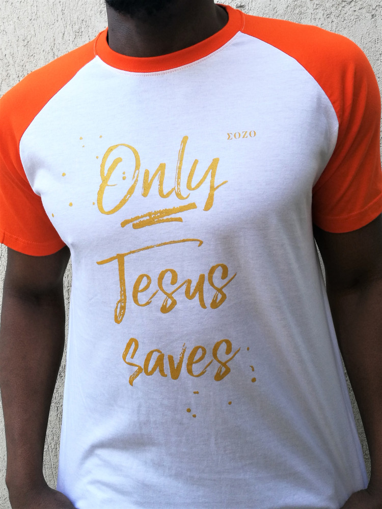 Only Jesus saves - T-Shirt blanc manches oranges
