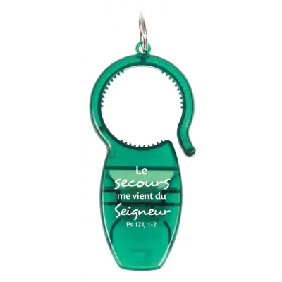 Porte-clé mutlifonction vert - Ouvre-bouchon, décapsuleur et ouvre-canette