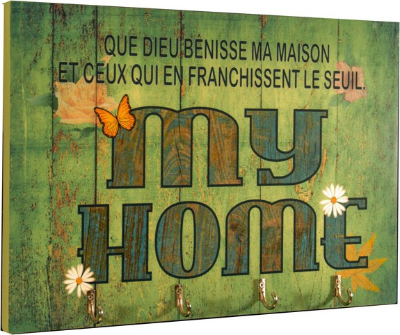 Cadre bois accroche-clés " My home - Que Dieu bénisse […] "