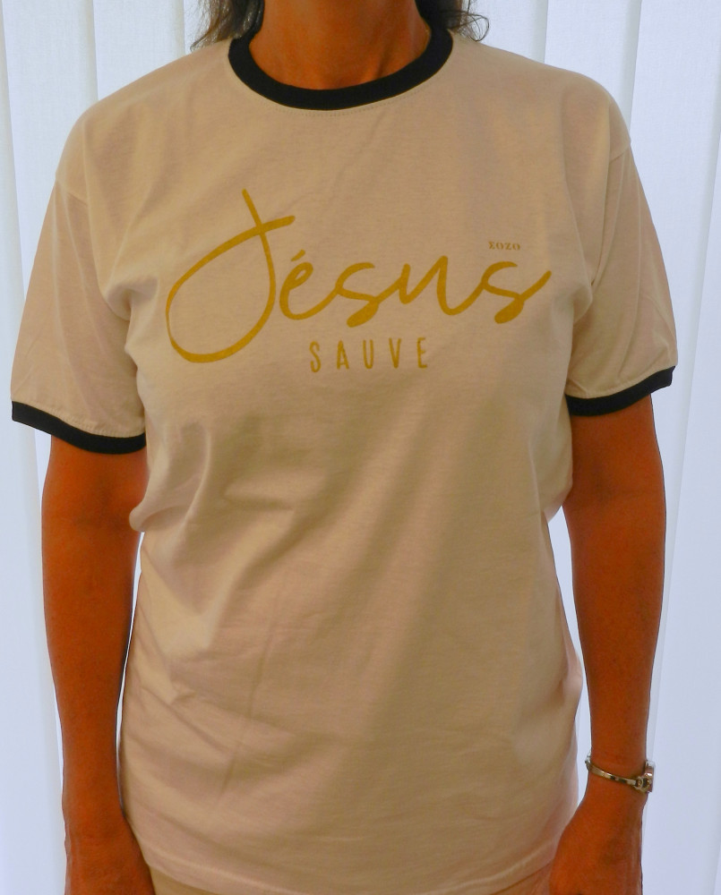 Jésus sauve + Heureux - T-Shirt blanc col noir