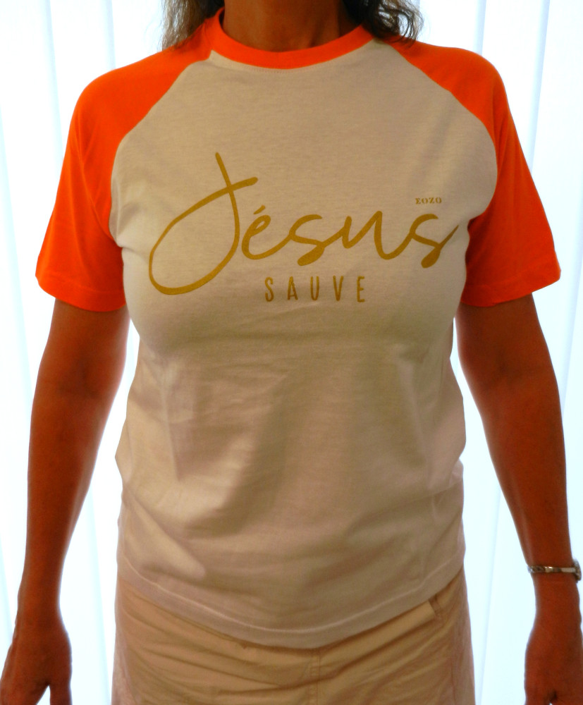 Jésus sauve + Heureux - T-Shirt blanc manches oranges