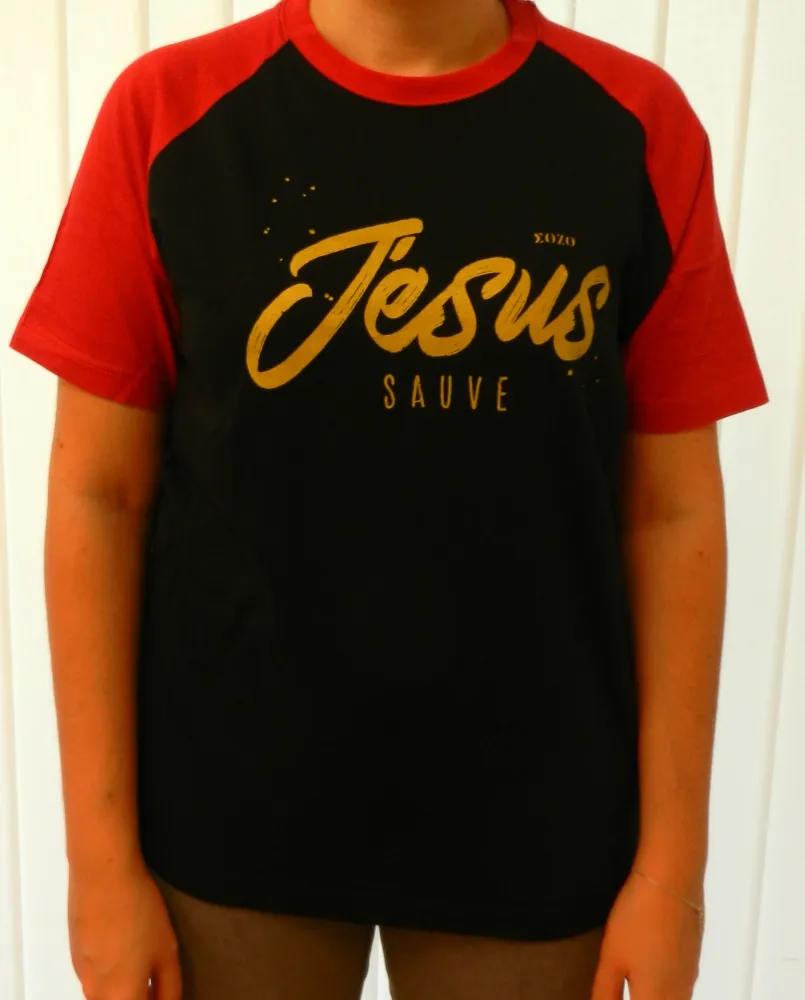 Jésus sauve + Heureux - T-Shirt noir manches rouges