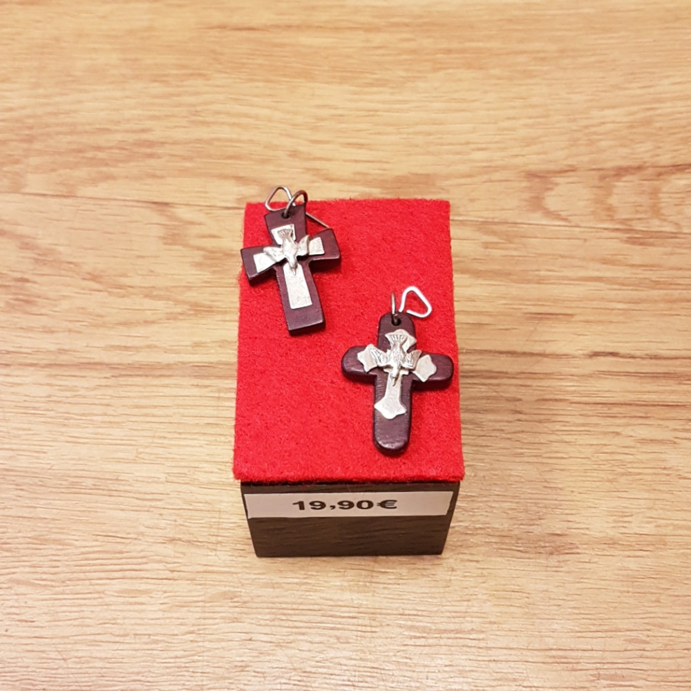 Pendentif Colombe argent sur Croix argent sur Croix bois, bords arrondis