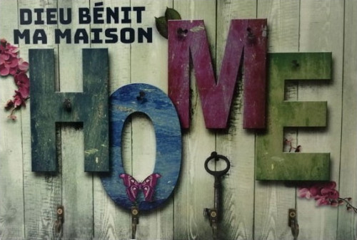 Cadre bois accroche-clés Home - « Dieu bénit ma maison »