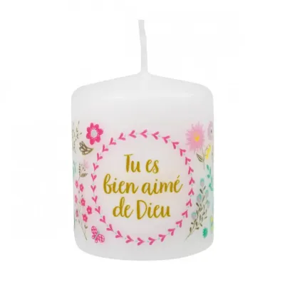 Petite bougie avec motif fleurs - Tu es bien aimé de Dieu