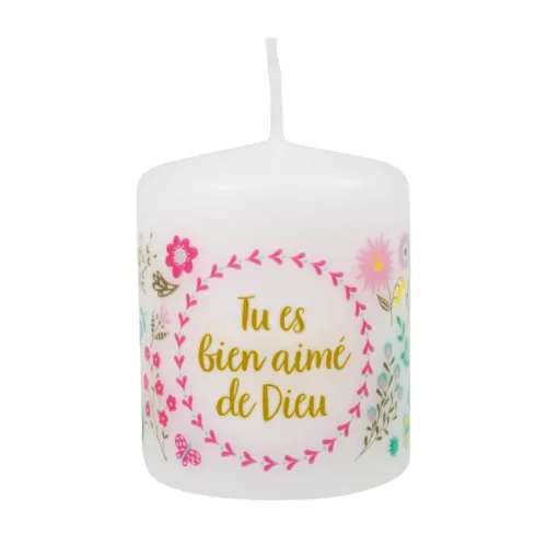 Petite bougie avec motif fleurs - Tu es bien aimé de Dieu